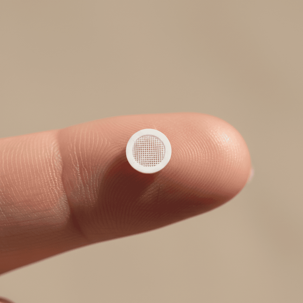 Close-up of a hearing aid wax filter on a fingertip
