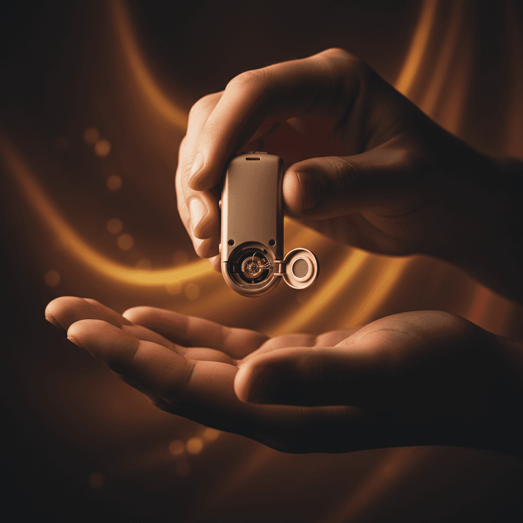 Image of hands holding a hearing aid with the filter door open
