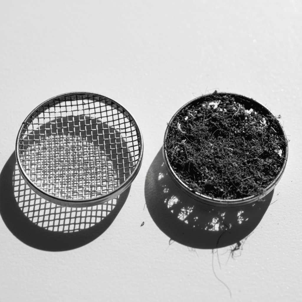 Close-up of a dirty wax filter next to a clean one